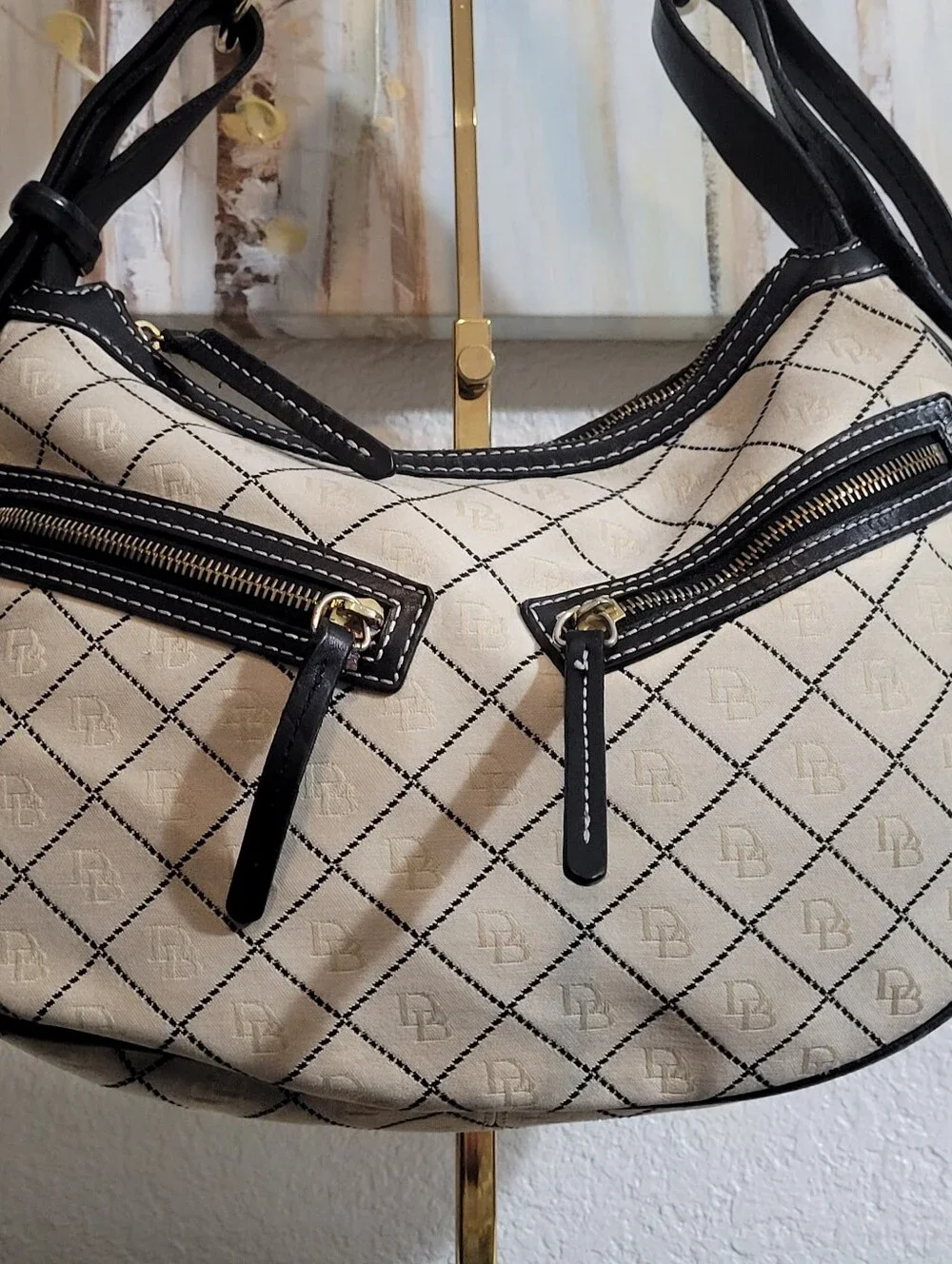 Dooney & Bourke Cream Black Canvas Monogram Hobo Shoulder Handbag